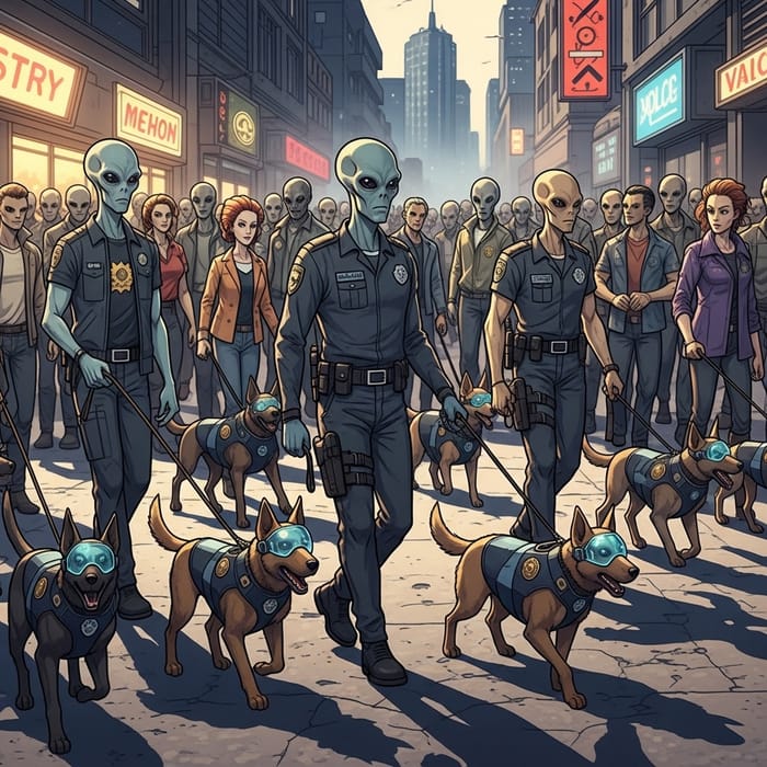 Extraterrestrials Walking K-9 Police Dogs on Leashes