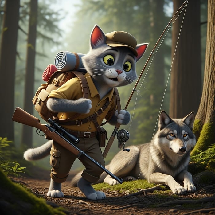 Realistic Grey Cat Explorer with Rifle and Wolf Encounter