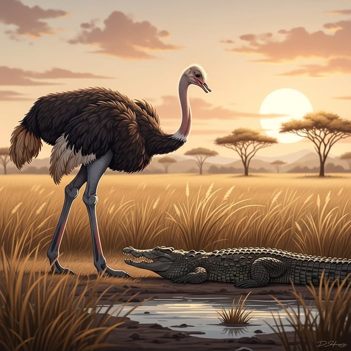 Ostrich vs Crocodile: African Savannah Encounter Ostrich vs Crocodile: African Savannah Encounter