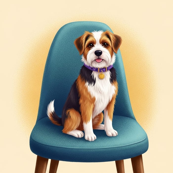 Vibrant Cartoon Dog Sitting on Chair, Nature-Inspired Vibrant Cartoon Dog Sitting on Chair, Nature-Inspired