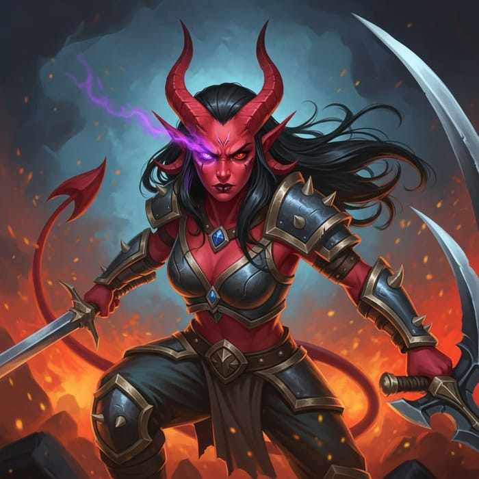 Intense Female Tiefling Barbarian Battle Scene Intense Female Tiefling Barbarian Battle Scene