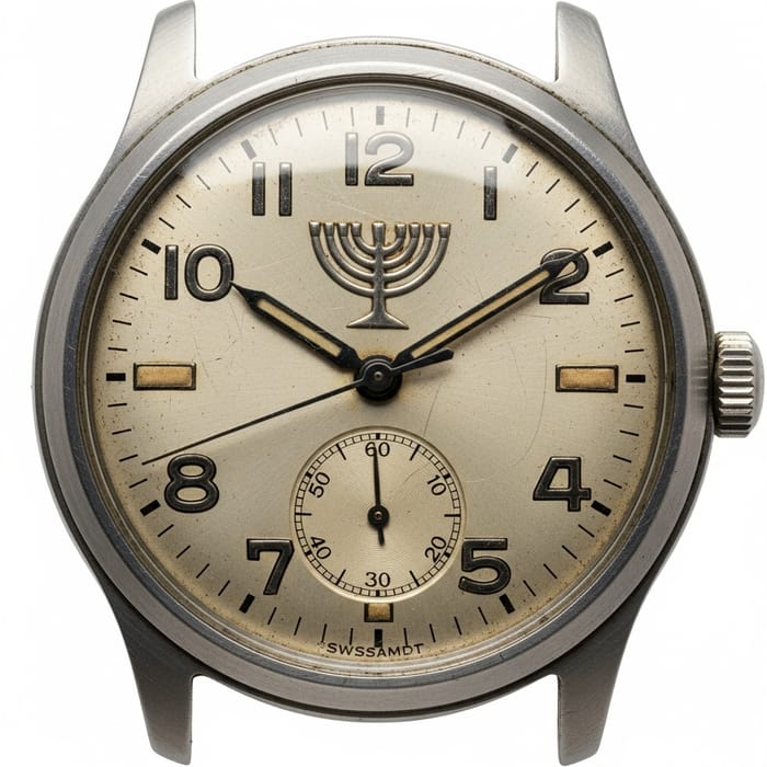 Vintage Israeli Military Watch Face with Menorah Symbol | Hebrew Engravings Vintage Israeli Military Watch Face with Menorah Symbol | Hebrew Engravings