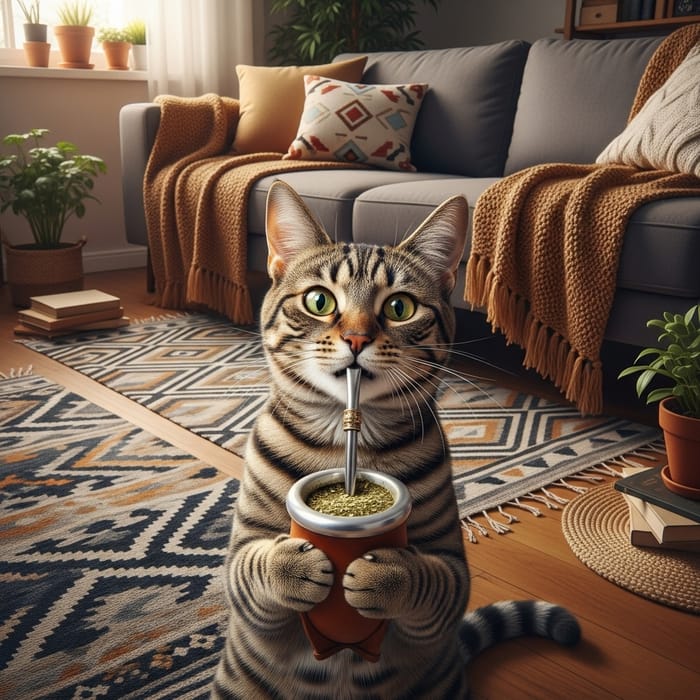 Cat drinking yerba mate in cozy setting