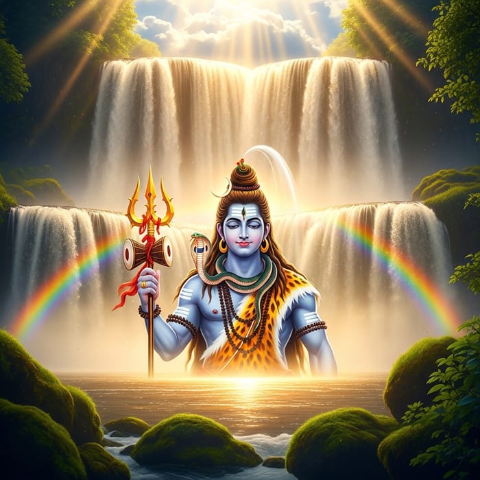 Lord Shiva in Front of Waterfall: Mystical Scene with Vivid Colors Lord Shiva in Front of Waterfall: Mystical Scene with Vivid Colors