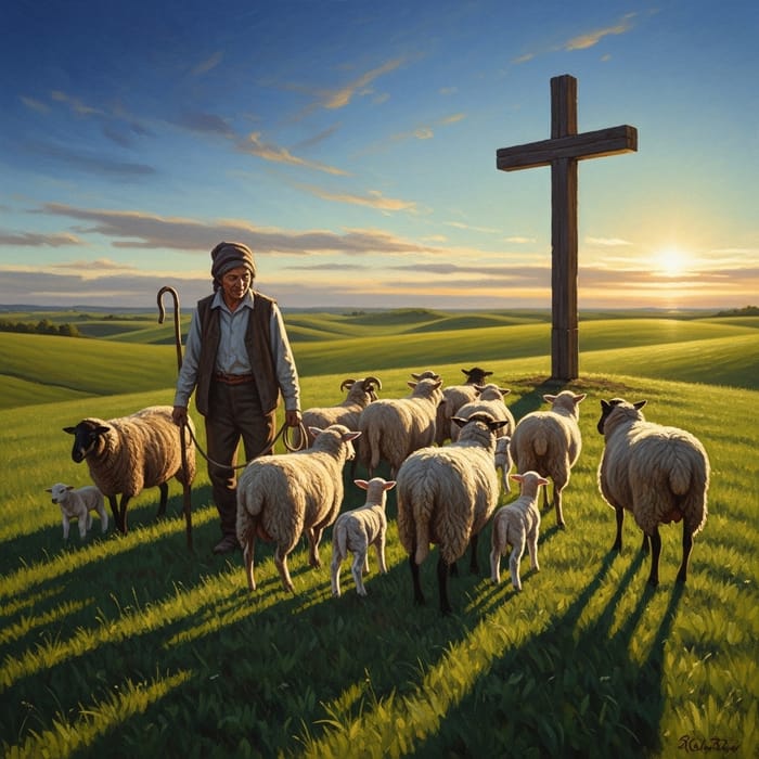 Shepherd Leading Sheep to Cross in Green Pastures