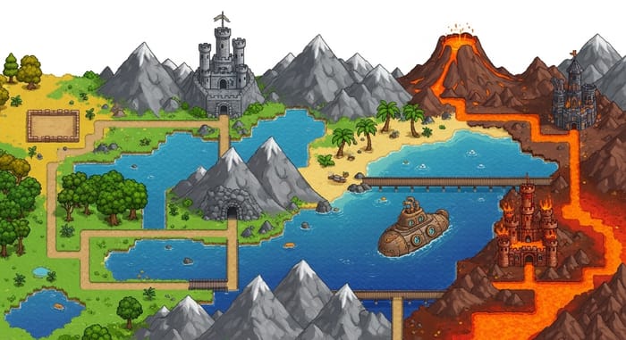 Adventure Pixel Landscape: Plain, Oak Forest, Castle, Beach, Volcano