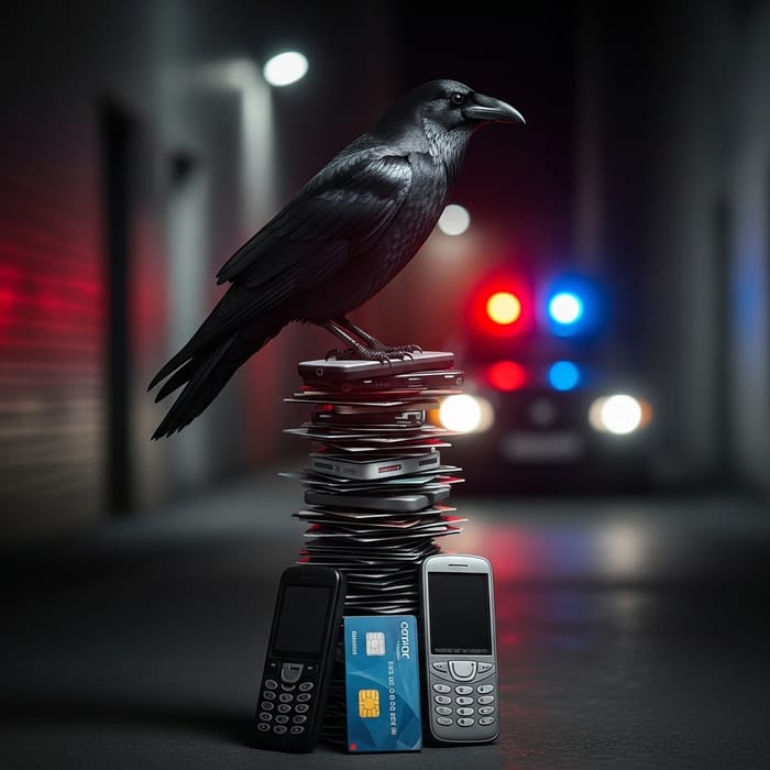 Intriguing Raven atop Bank Cards in Dark Alley | Cryptic Noir Scene Intriguing Raven atop Bank Cards in Dark Alley | Cryptic Noir Scene