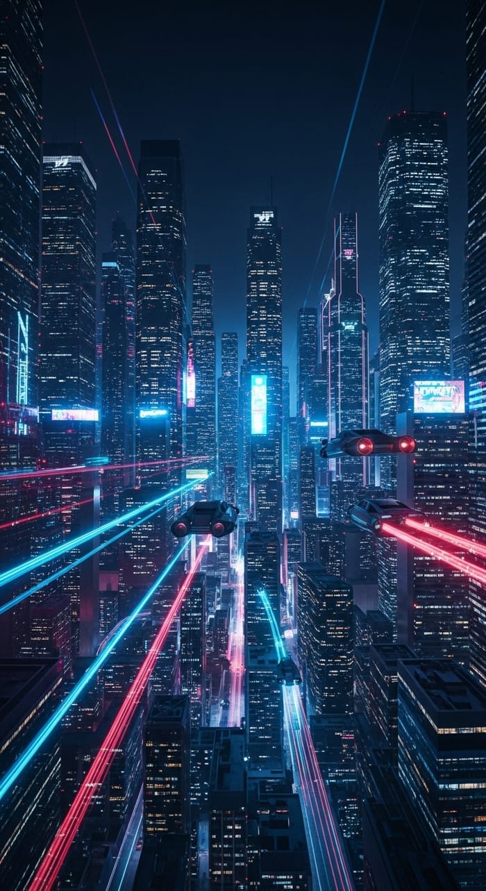 Neon Cyberpunk Cityscape: Futuristic Skyscrapers and Flying Cars Neon Cyberpunk Cityscape: Futuristic Skyscrapers and Flying Cars