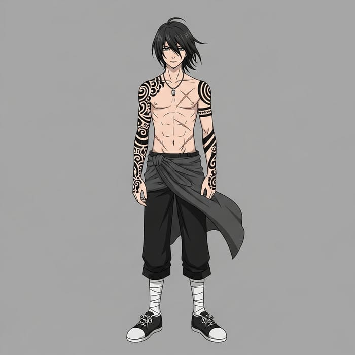 Anime Boy with Dark Hair, Scars, Arm Tattoos in Monochrome Setting Anime Boy with Dark Hair, Scars, Arm Tattoos in Monochrome Setting