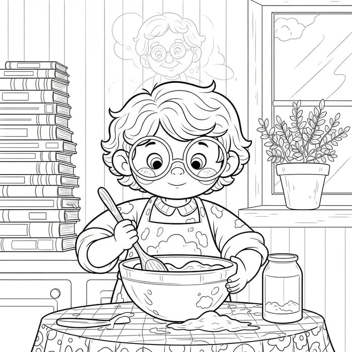 Caring Child Honoring Memory Through Whimsical Kitchen Cartoon Caring Child Honoring Memory Through Whimsical Kitchen Cartoon