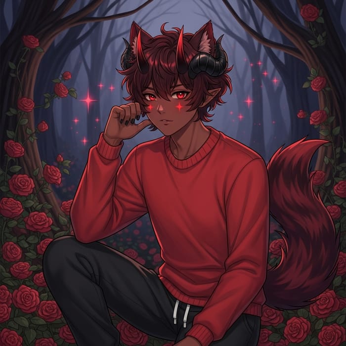 Red Haired Anime Character with Wolf Features in Dark Forest