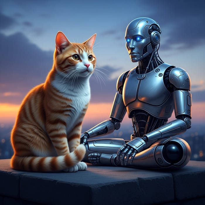 Captivating Cat and Android Under Twilight Sky Captivating Cat and Android Under Twilight Sky