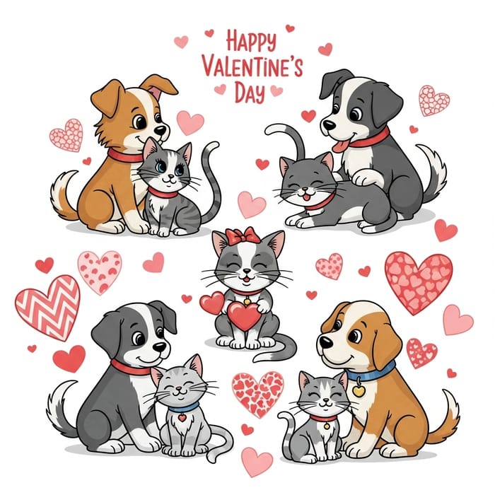 Valentine's Day Dogs & Cats Heart Cartoon 1960s Style