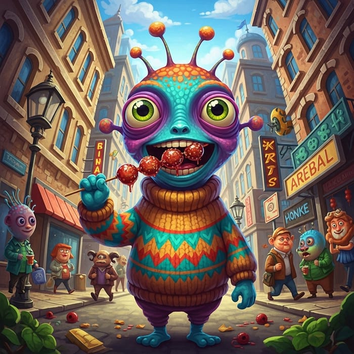 Adorable Alien Enjoying Candied Hawthorns in City Street Adorable Alien Enjoying Candied Hawthorns in City Street