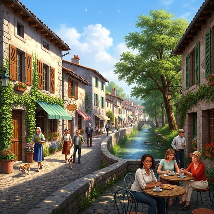 Charming Oil Painting of a European Village Charming Oil Painting of a European Village