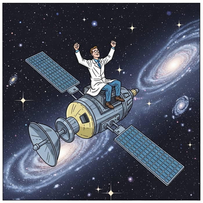 Lab Coat Researcher Rides Satellite in Cosmic Space Lab Coat Researcher Rides Satellite in Cosmic Space