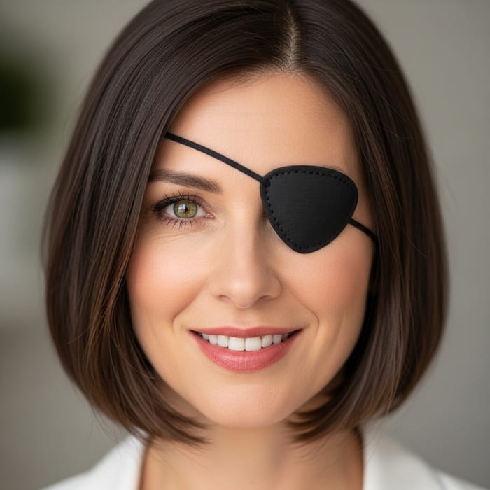 Caucasian Woman Smiling with Eyepatch and Bob Haircut