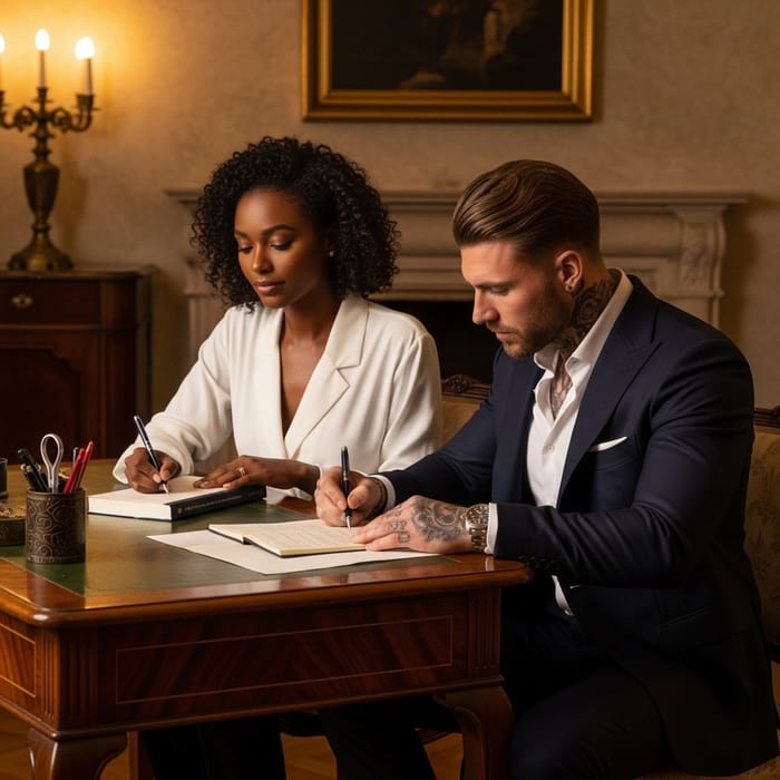Elegant African American Writer at Vintage Desk in Italian Villa