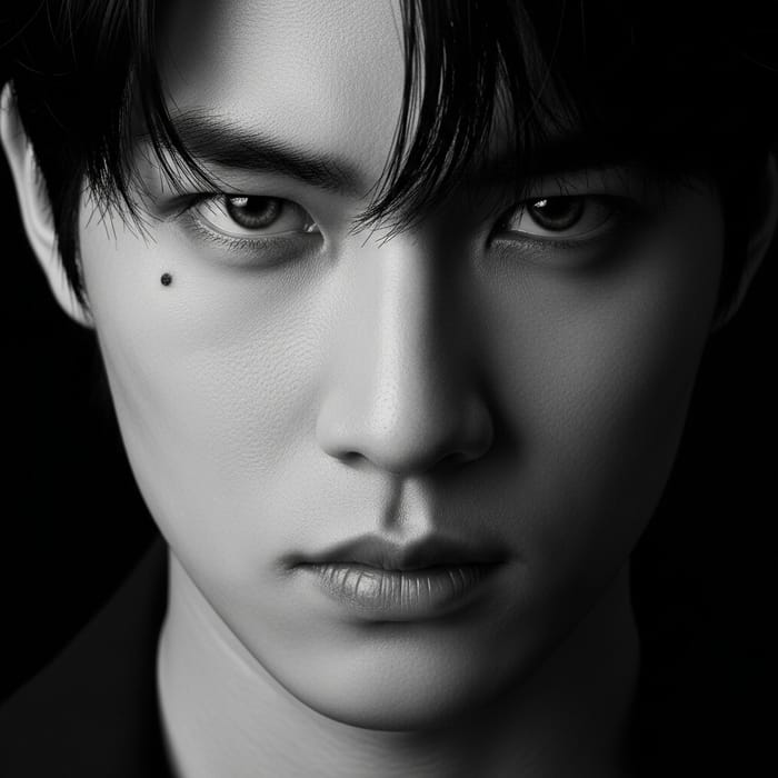 Intense Close-up Portrait of Young Man in Dramatic Black and White Cinematic Lighting Intense Close-up Portrait of Young Man in Dramatic Black and White Cinematic Lighting