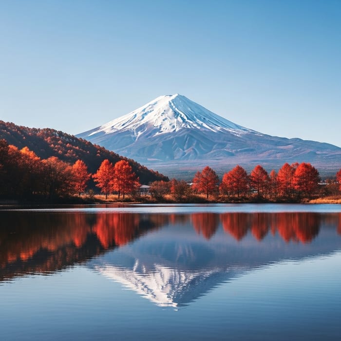 Fujiyama Volcano Serene Landscape with Red Trees and Lake, Realism 8K