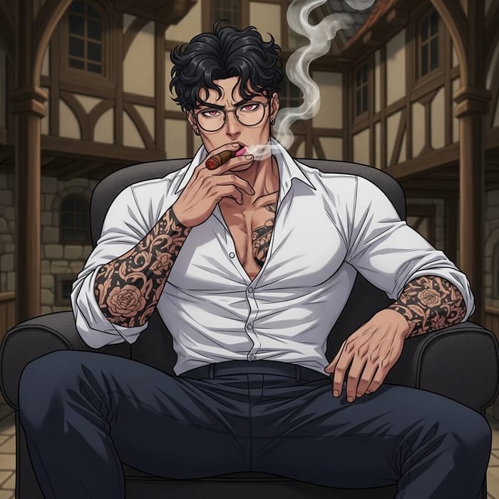 Muscular Man with Curly Black Hair and Piercing Gaze Smoking in Mansion
