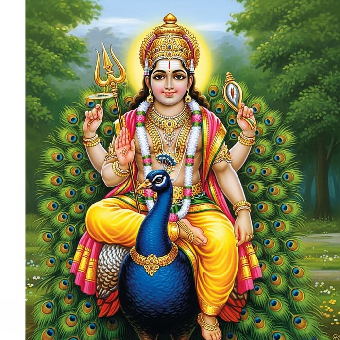 Lord Subramanya: Vibrant Divine Deity on Majestic Peacock