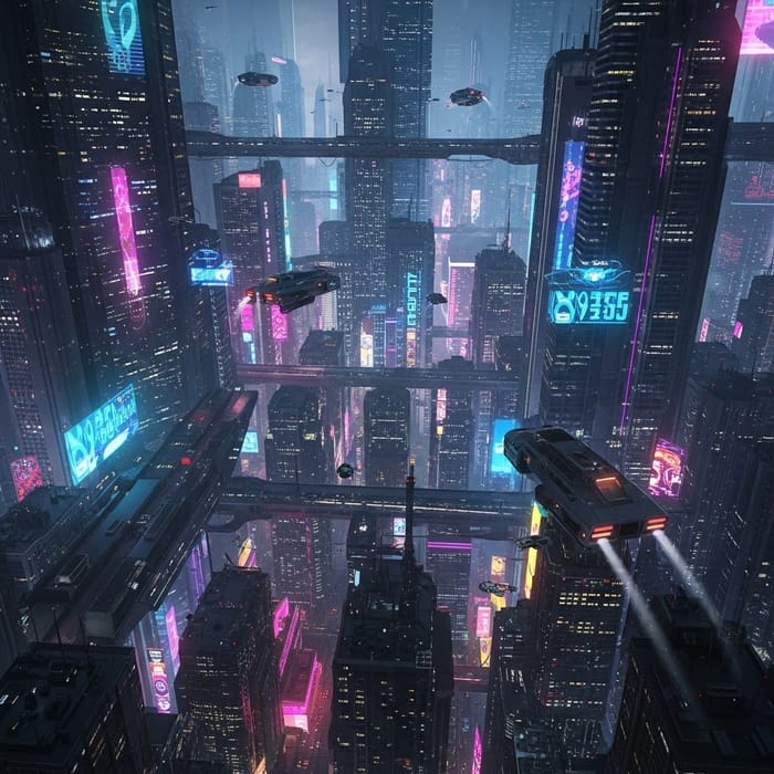 Futuristic Cyberpunk Cityscape: Vibrant Neon Lights & Flying Cars