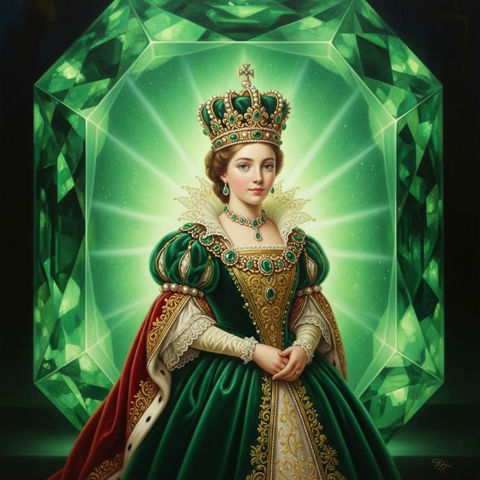 Young Queen in Emerald: Intricate Oil Painting