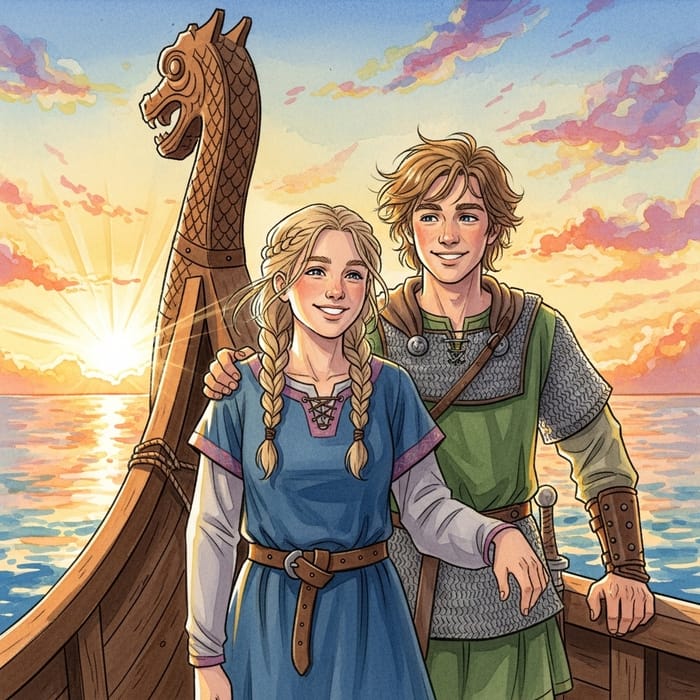 Teenage Vikings Smiling on Ship Deck - Summer Joy