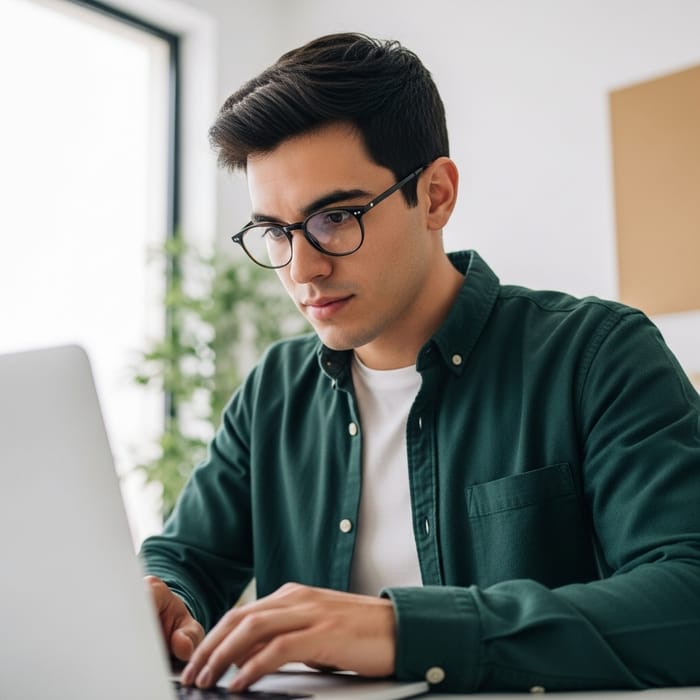 Young Man Engrossed in Tech Work in Minimalist Setting