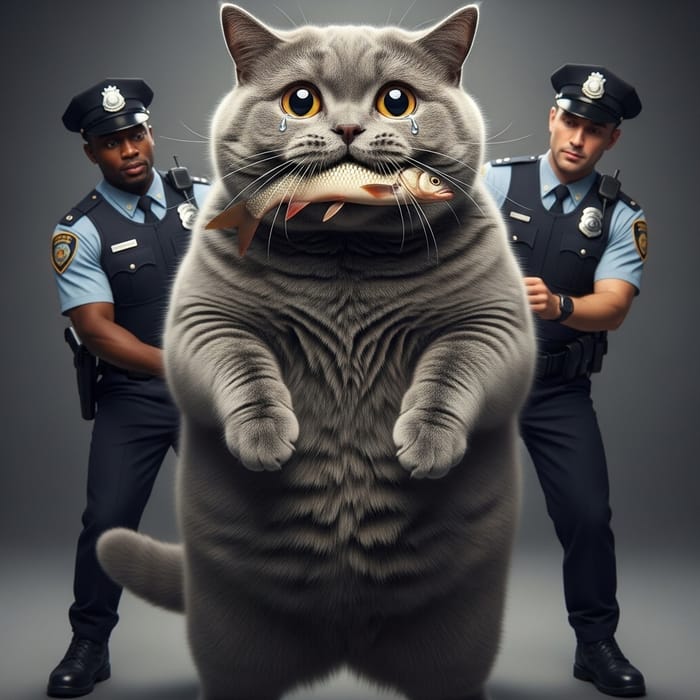 Arrested: Plump British Shorthair Cat with Huge Fish, Police Officers Watching