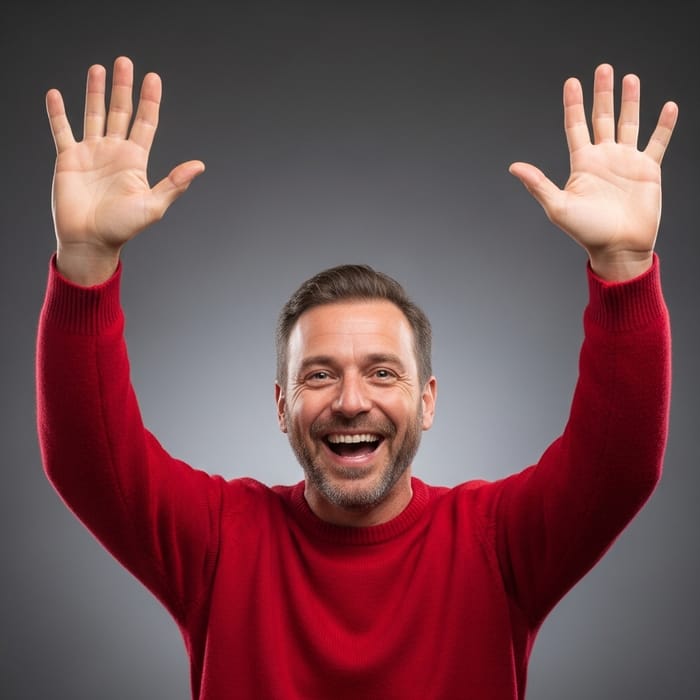 Joyful Man in Red Sweater with Hands Up