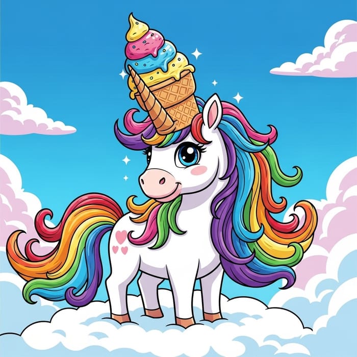 White Unicorn with Rainbow Mane and Ice Cream Horn White Unicorn with Rainbow Mane and Ice Cream Horn