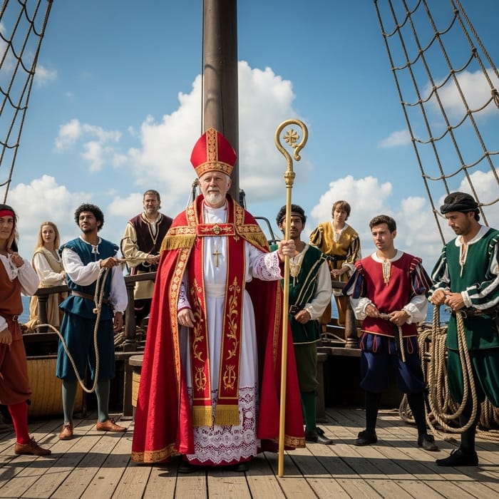 Sinterklaas with Petes on Ship in Renaissance Attire Sinterklaas with Petes on Ship in Renaissance Attire