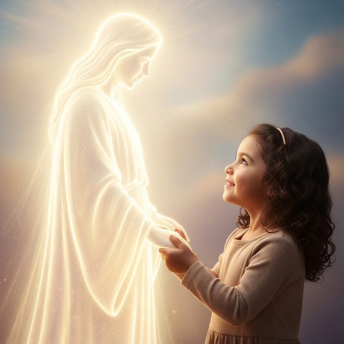 4-Year-Old Hispanic Girl holding Hands with Divine Figure 4-Year-Old Hispanic Girl holding Hands with Divine Figure