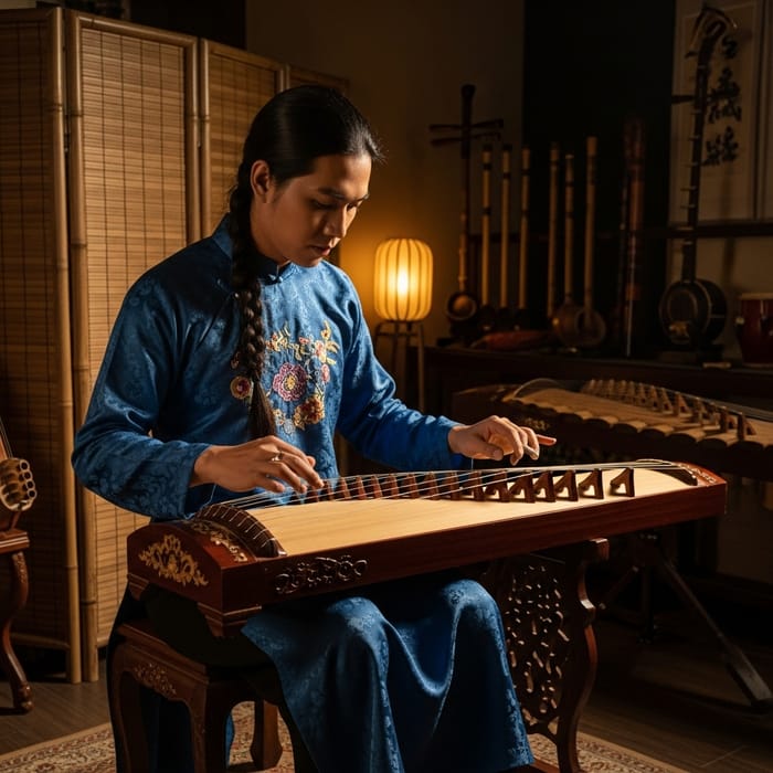Sanh Playing Traditional Musical Instrument - Graceful Performance Sanh Playing Traditional Musical Instrument - Graceful Performance