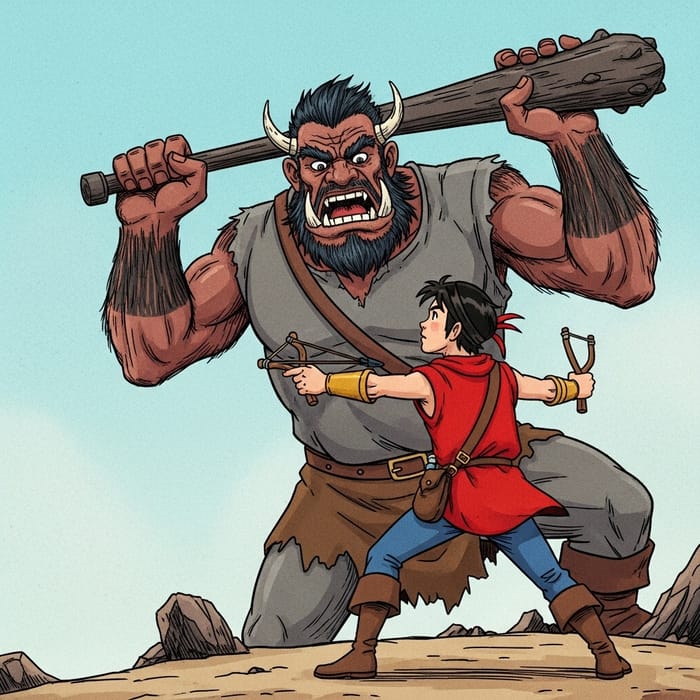 David vs. Goliath: Epic Disney-style Battle Scene