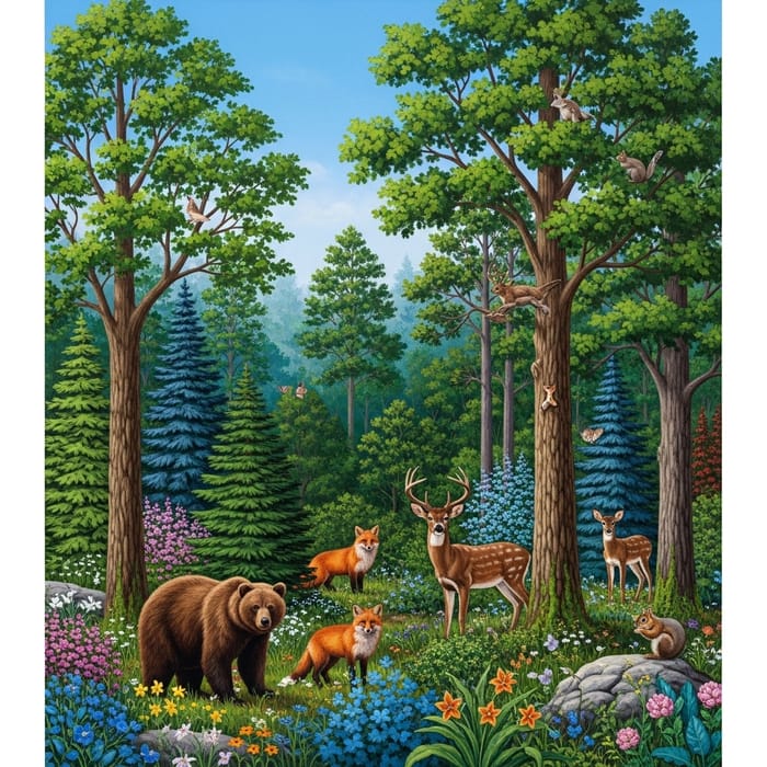 Lush Forest Scene with Diverse Wildlife and Flora