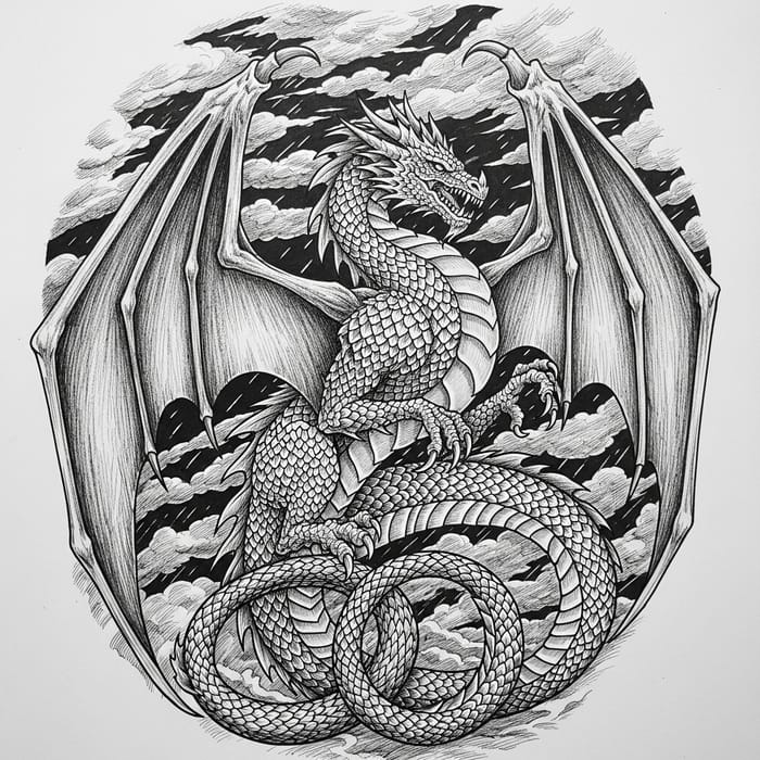Detailed Ink Drawing of a Dragon with Majestic Wings Detailed Ink Drawing of a Dragon with Majestic Wings