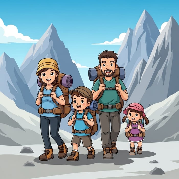 Family Hiking Adventure: Cartoon Family in Majestic Mountains Family Hiking Adventure: Cartoon Family in Majestic Mountains