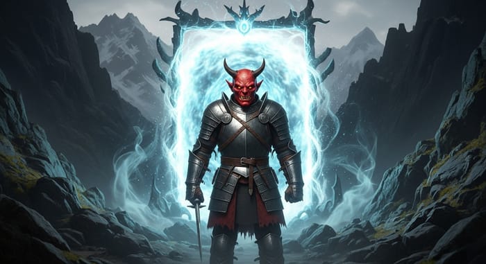 Medieval Warrior Demon at Magical Portal in Mountain Area Medieval Warrior Demon at Magical Portal in Mountain Area