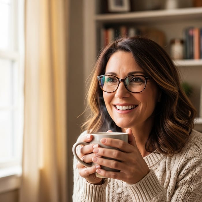 Middle-Aged Woman with Warm Smile | Relaxing at Home Middle-Aged Woman with Warm Smile | Relaxing at Home