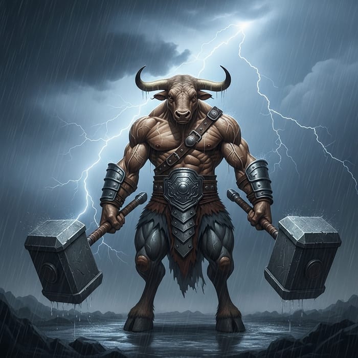 Powerful Minotaur in Thunderstorm with Dual Hammers
