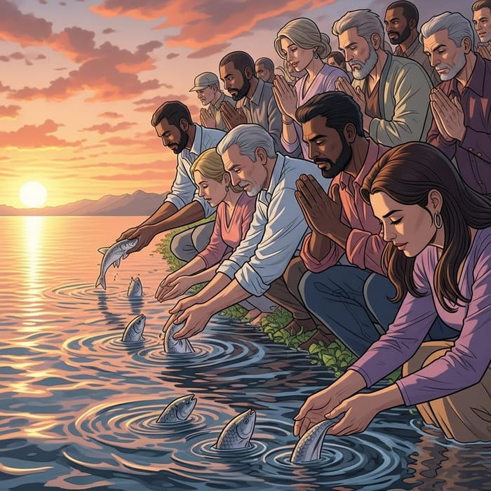 Prayer and Serenity: Releasing Fish in Tranquil Waters