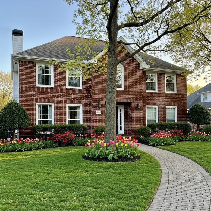 Red Brick Two-Story House Design with Elegant Landscape Red Brick Two-Story House Design with Elegant Landscape