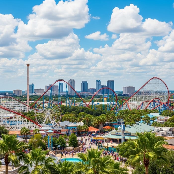Orlando Florida City Skyline with Thrilling Roller Coasters