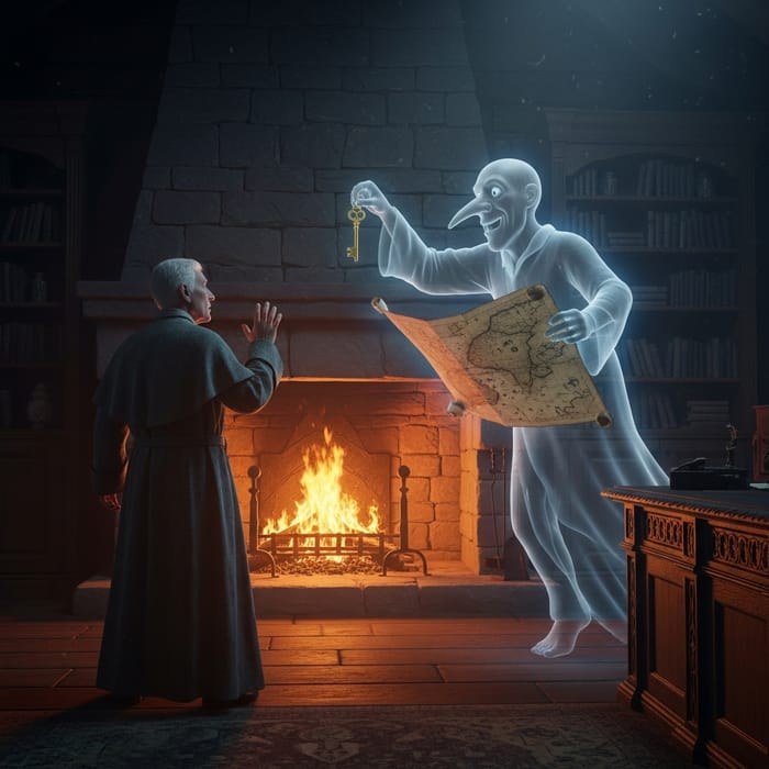 Elderly Man by Fireplace | Spooky Specter with Long Nose, Golden Key & Map