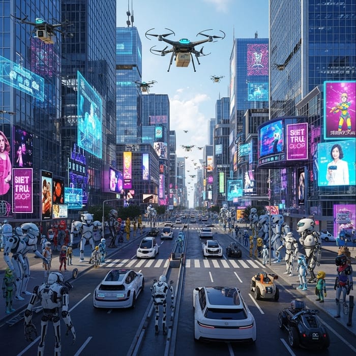 Futuristic Cityscape with Robots: Urban Future Futuristic Cityscape with Robots: Urban Future