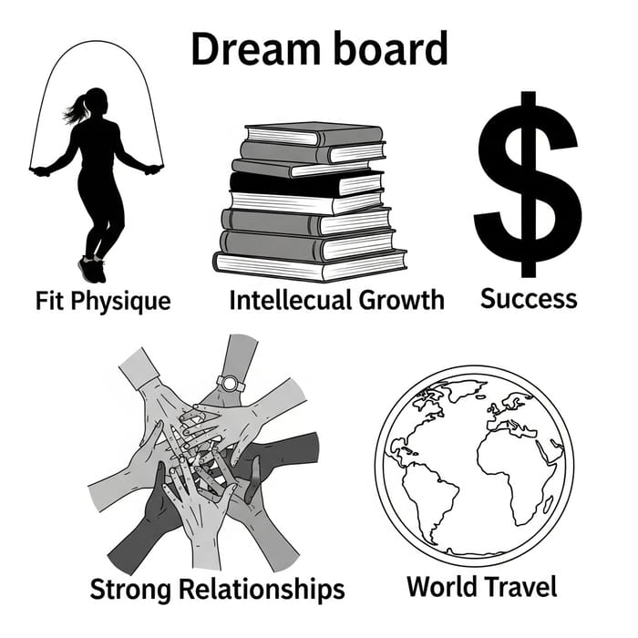 Create Black and Grey Dreamboard for Life Goals - Fitness, Growth, Success, Relationships, Travel