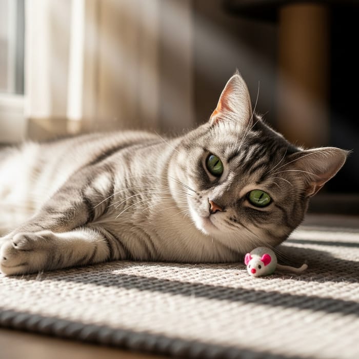 Beautiful Domestic Cat with Emerald-Green Eyes on Woven Rug
